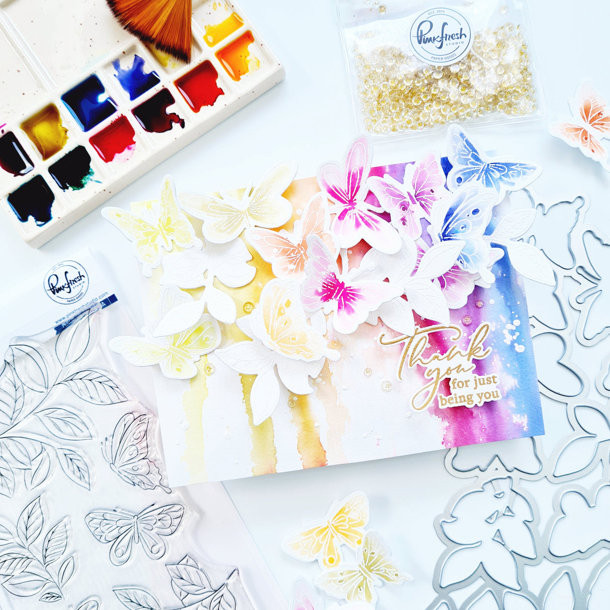 Pinkfresh Studio Fluttering Butterflies Stamp, Die, Stencil & Washi Bundle
