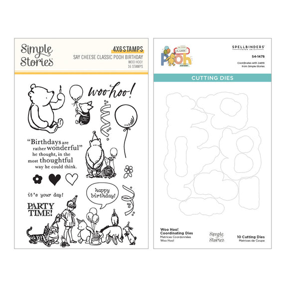 Spellbinders Woo Hoo! Clear Stamps & Dies Bundle from the Say Cheese Classic Pooh Birthday Collection by Simple Stories