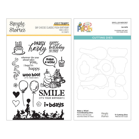 Spellbinders Make a Wish! Clear Stamps & Dies Bundle from the Say Cheese Classic Pooh Birthday Collection by Simple Stories