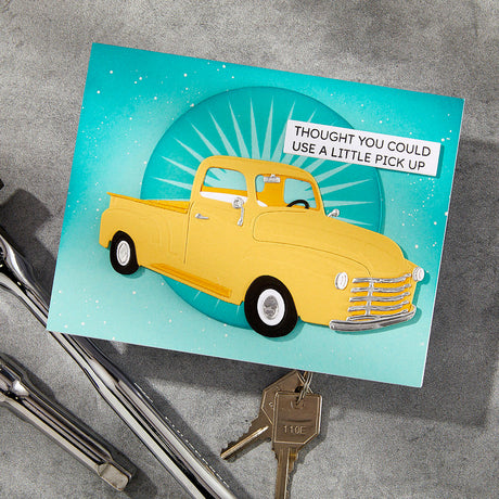 Spellbinders Cruisin' By Sentiments Clear Stamp & Die Set from the Classic Road Legends Collection by Mindy Eggen
