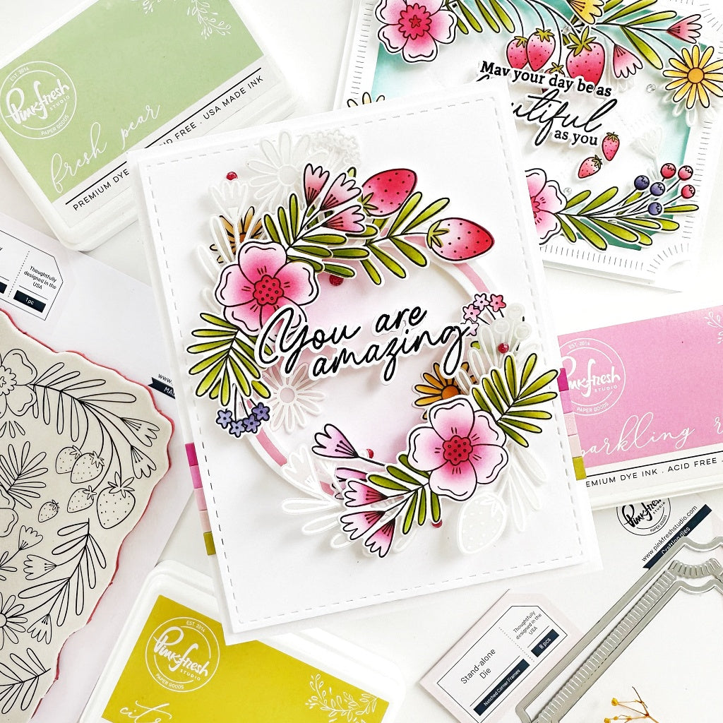 Pinkfresh Studio Berries & Blossoms Stamp, Die, Stencil & Press Plate Bundle