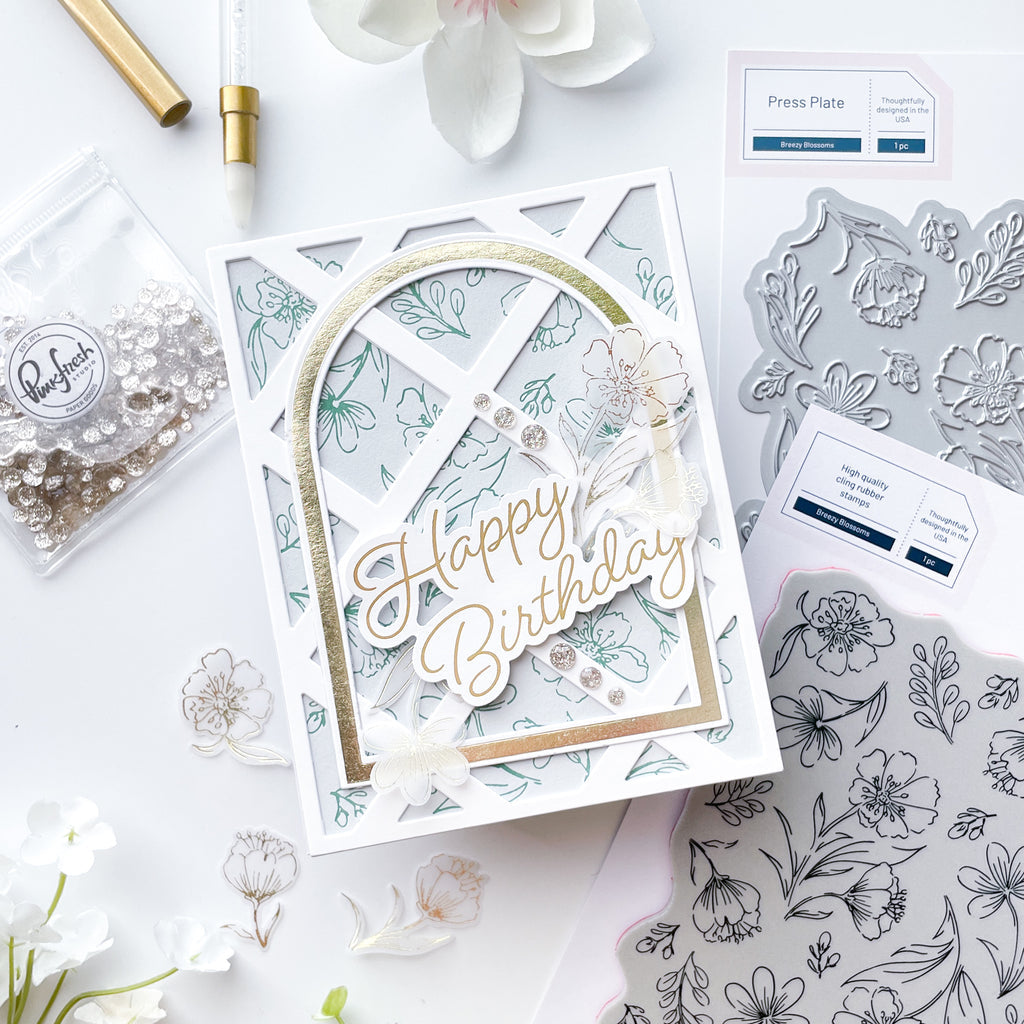 Pinkfresh Studio Breezy Blossoms Stamp, Die, Stencil & Press Plate Bundle