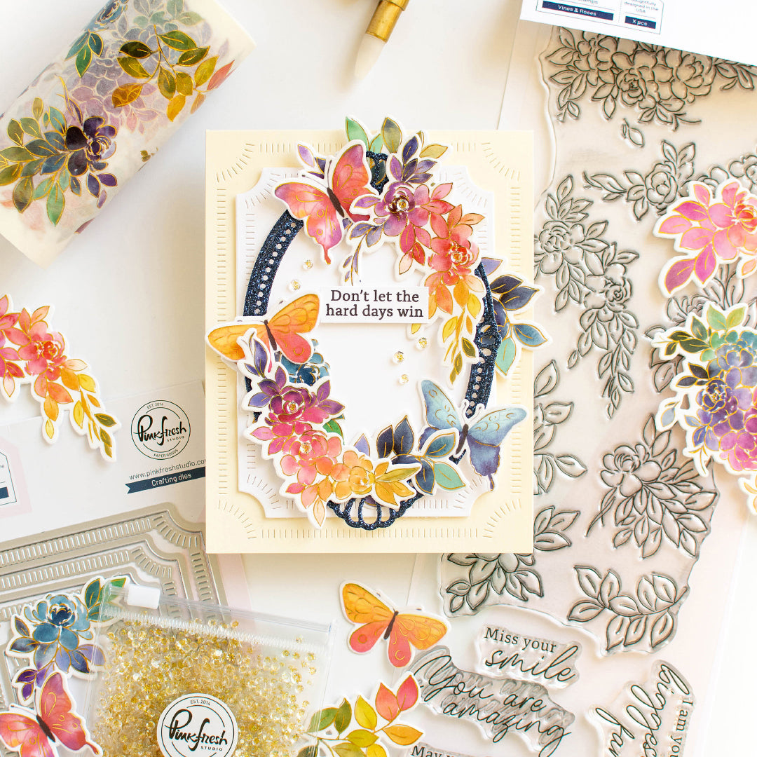 Pinkfresh Studio Vines & Roses Stamp, Die, Stencil and Washi Bundle