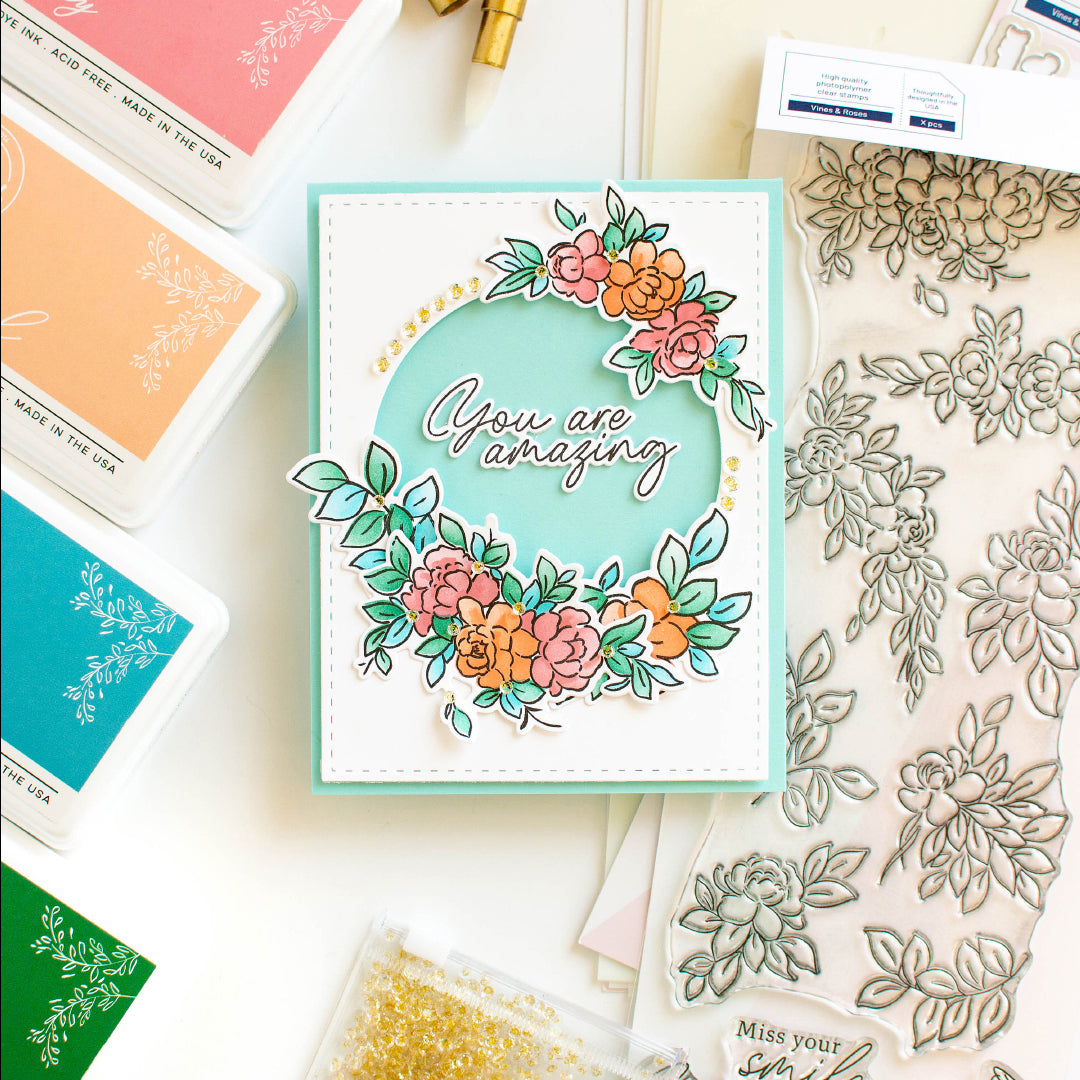 Pinkfresh Studio Vines & Roses Stamp, Die, Stencil and Washi Bundle