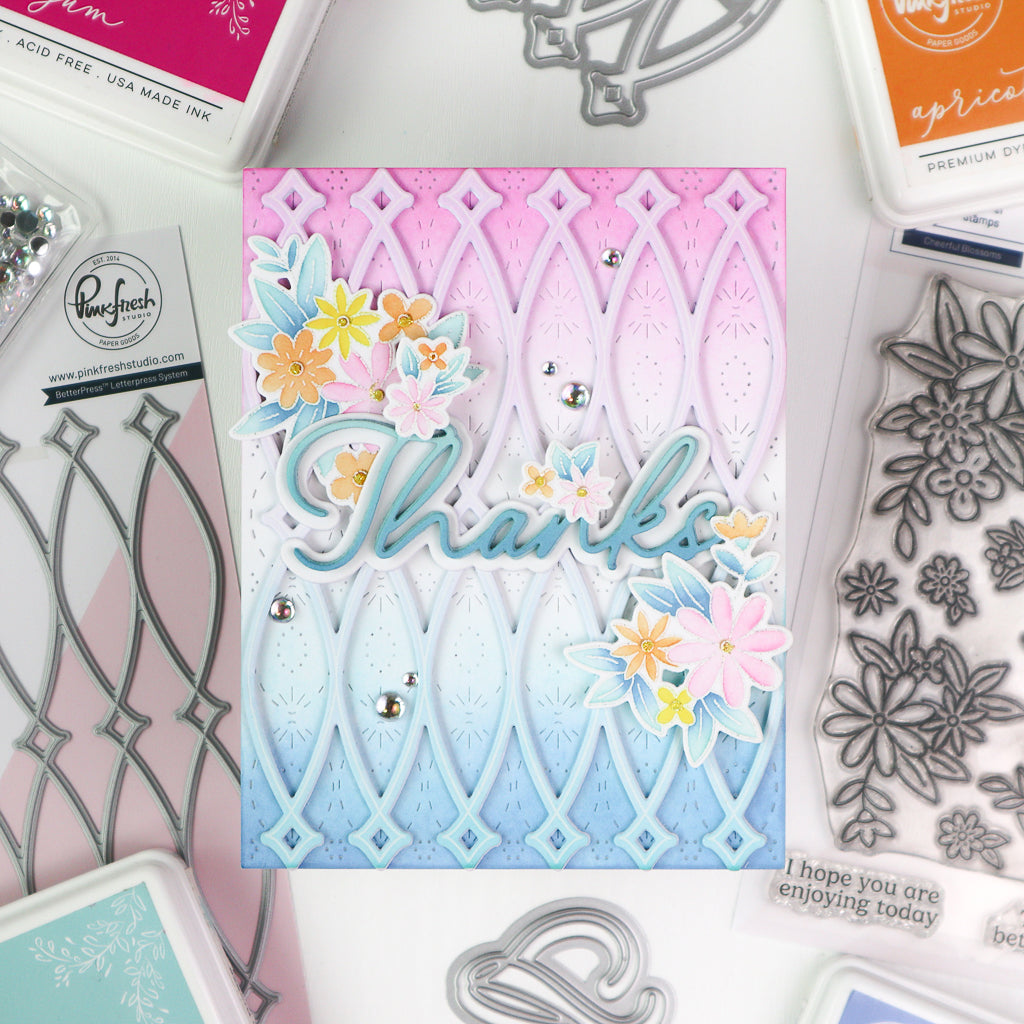 Pinkfresh Studio Cheerful Blossoms Stamp, Die, Stencil & Press Plate