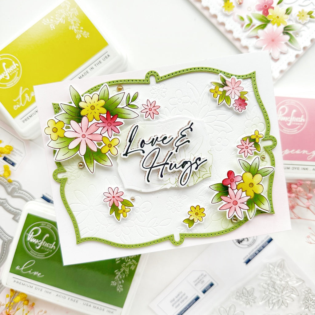 Pinkfresh Studio Cheerful Blossoms Stamp, Die, Stencil & Press Plate