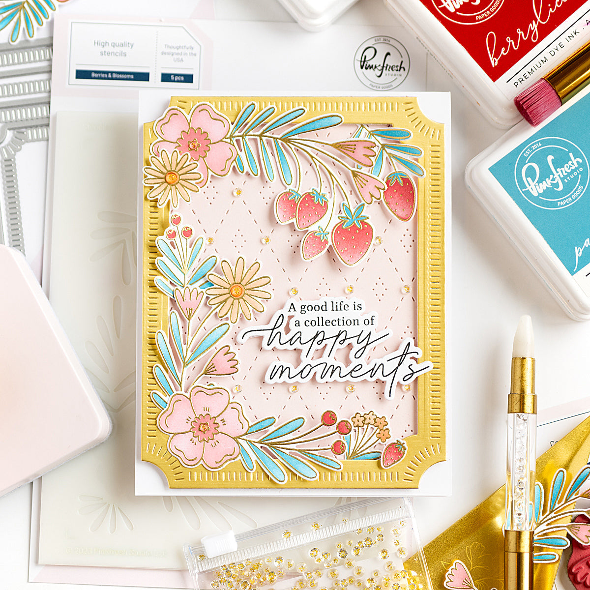 Pinkfresh Studio Berries & Blossoms Stamp, Die, Stencil & Press Plate Bundle