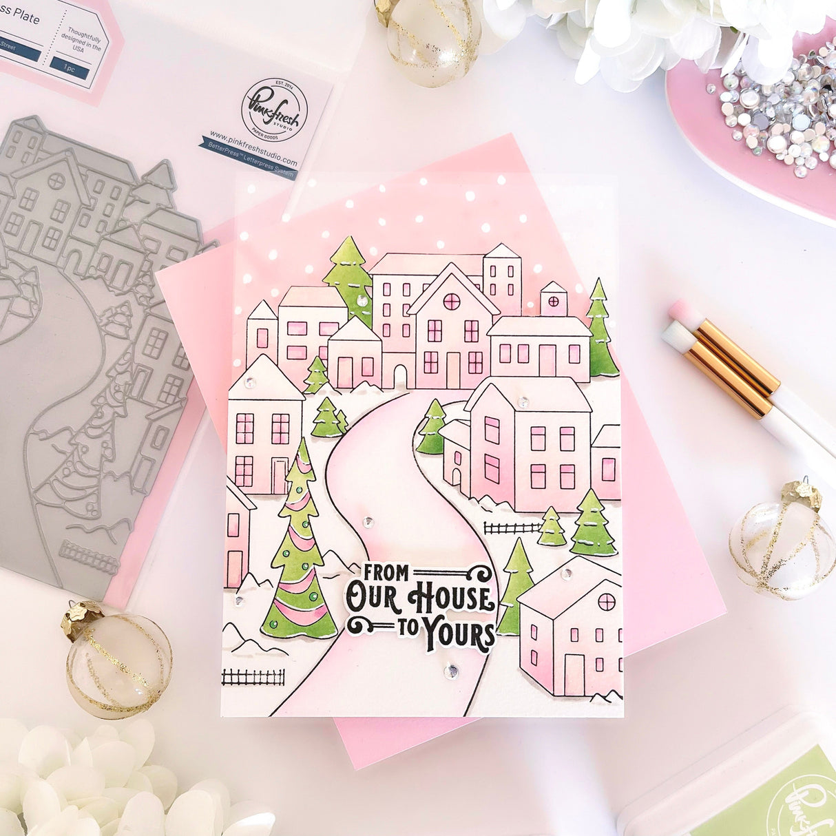 Pinkfresh Studio Holiday Greetings Sentiments Stamp, Die & Press Plate Bundle