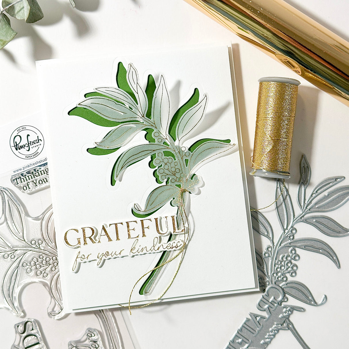 Pinkfresh Studio Grateful Greenery Stamp, Die, Stencil & Press Plate Bundle