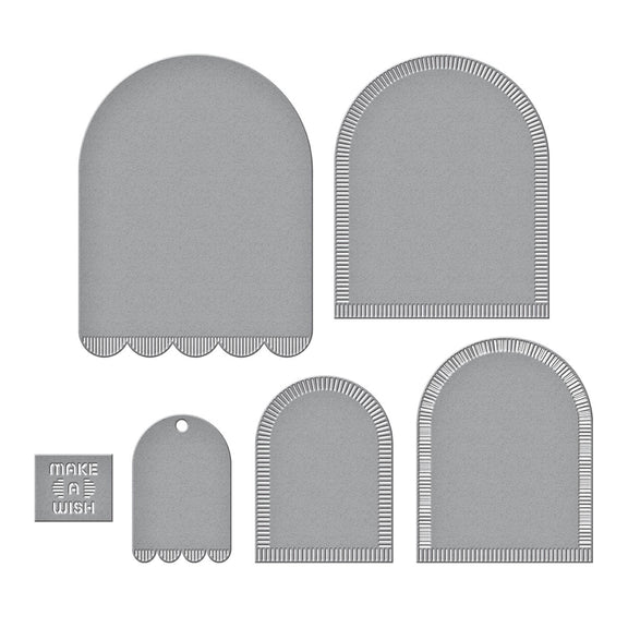 Spellbinders Make a Wish Arch Labels Etched Dies - Monster Birthday Collection