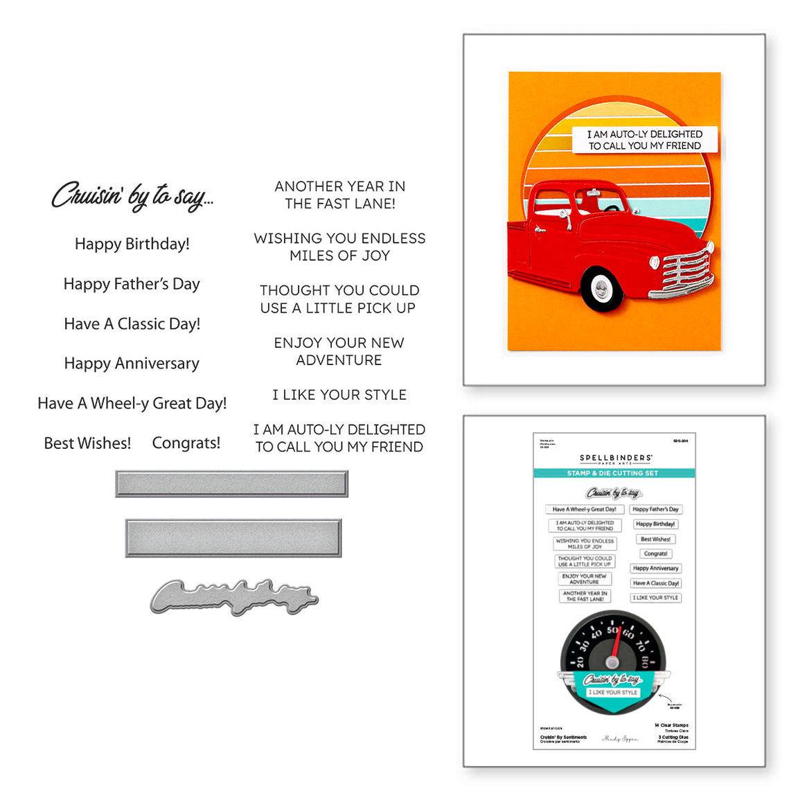 Spellbinders Cruisin' By Sentiments Clear Stamp & Die Set from the Classic Road Legends Collection by Mindy Eggen