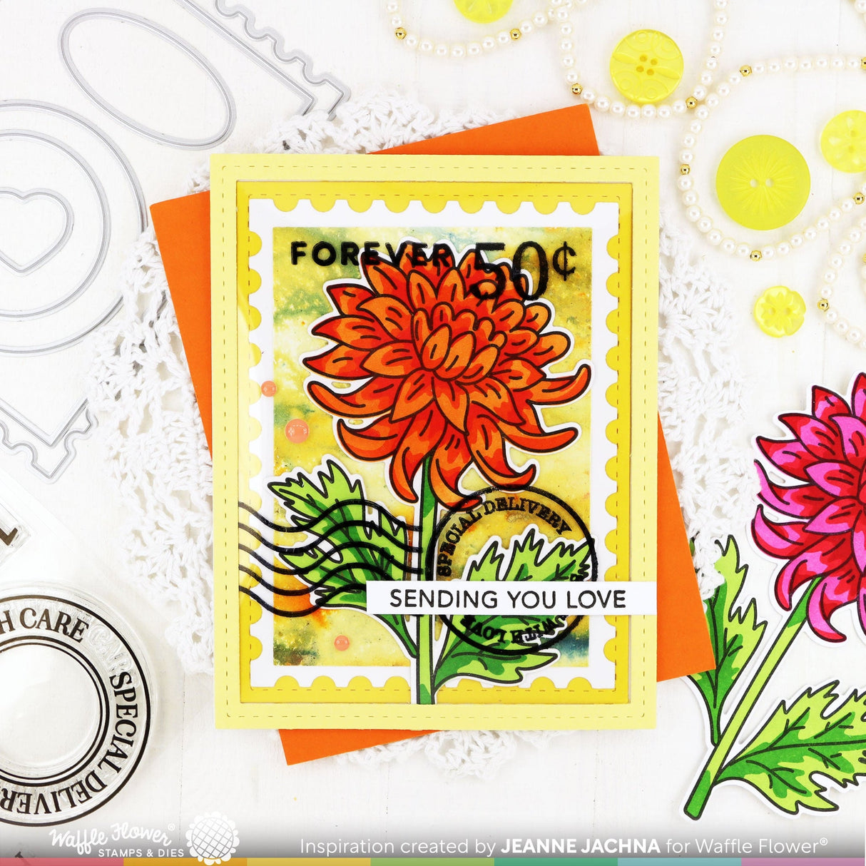 Waffle Flower Sketched Chrysanthemum Stamp, Die & Stencil Bundle