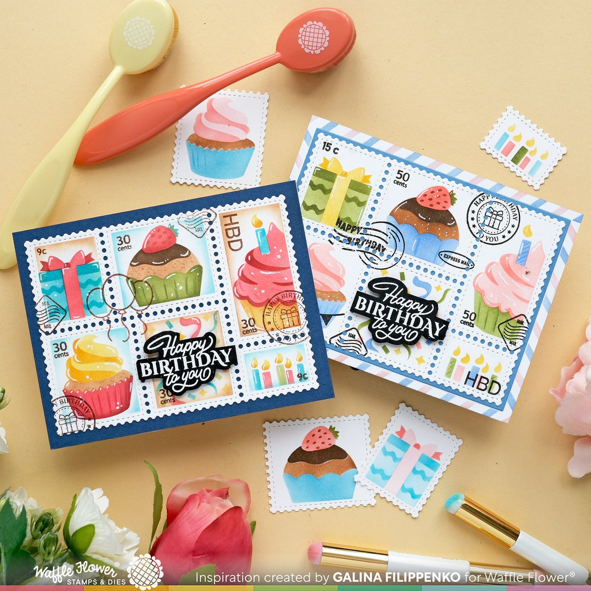 Waffle Flower Postage Collage Cupcake Stencil