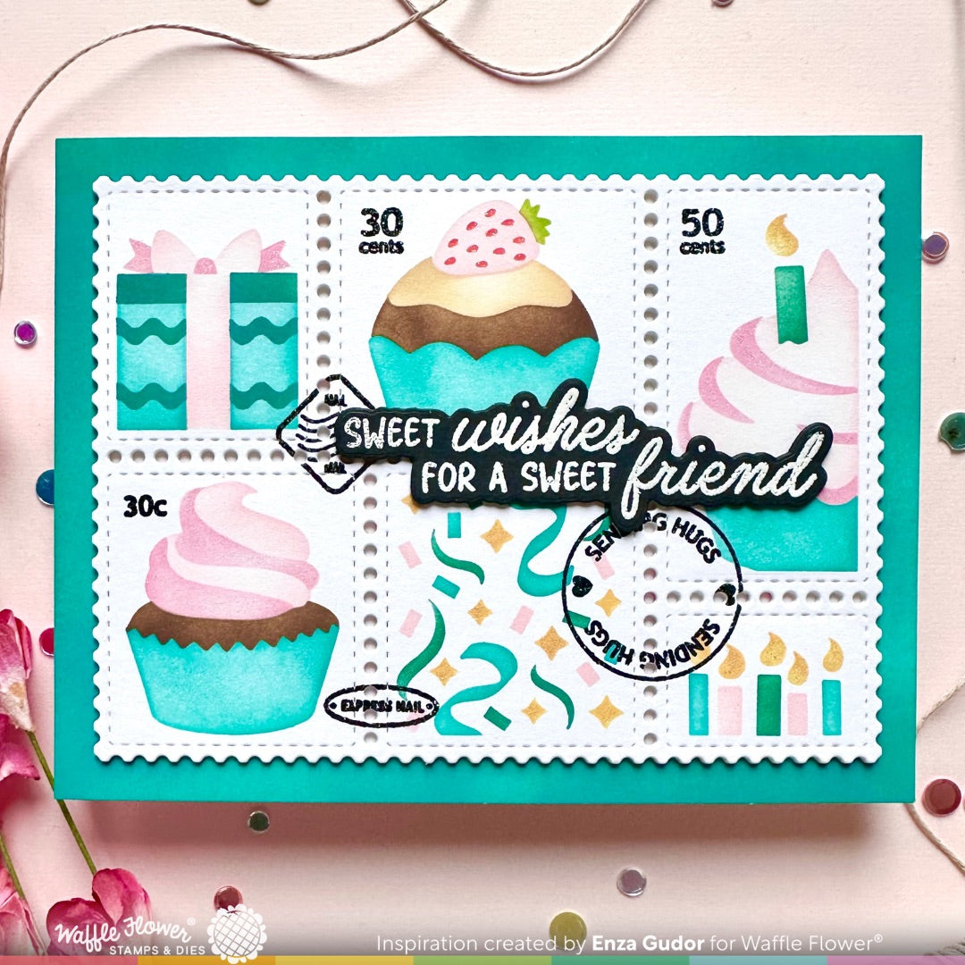 Waffle Flower Postage Collage Cupcake Stencil