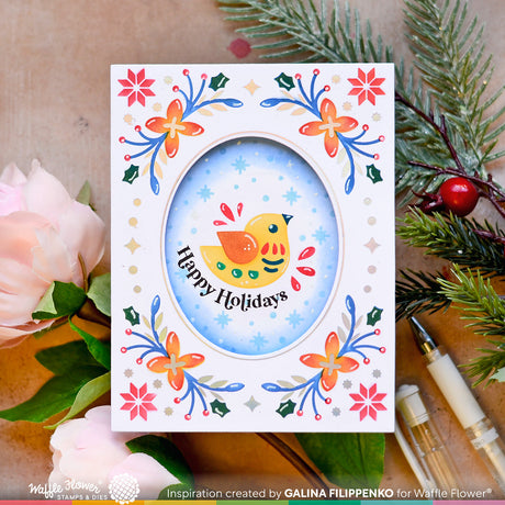 Waffle Flower Folk Art Framed Bird Stencil