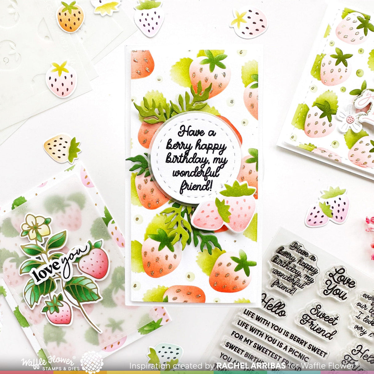 Waffle Flower Strawberries Background Stencil