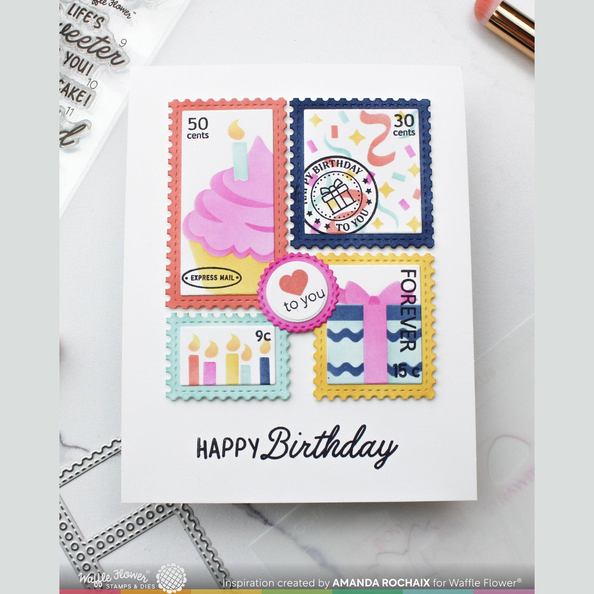 Waffle Flower Postage Collage Cupcake Stencil