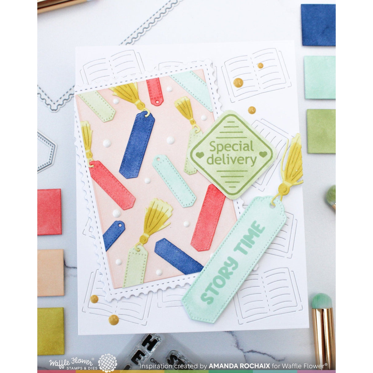 Waffle Flower Open Book Bookmark Sentiments Stamp Set