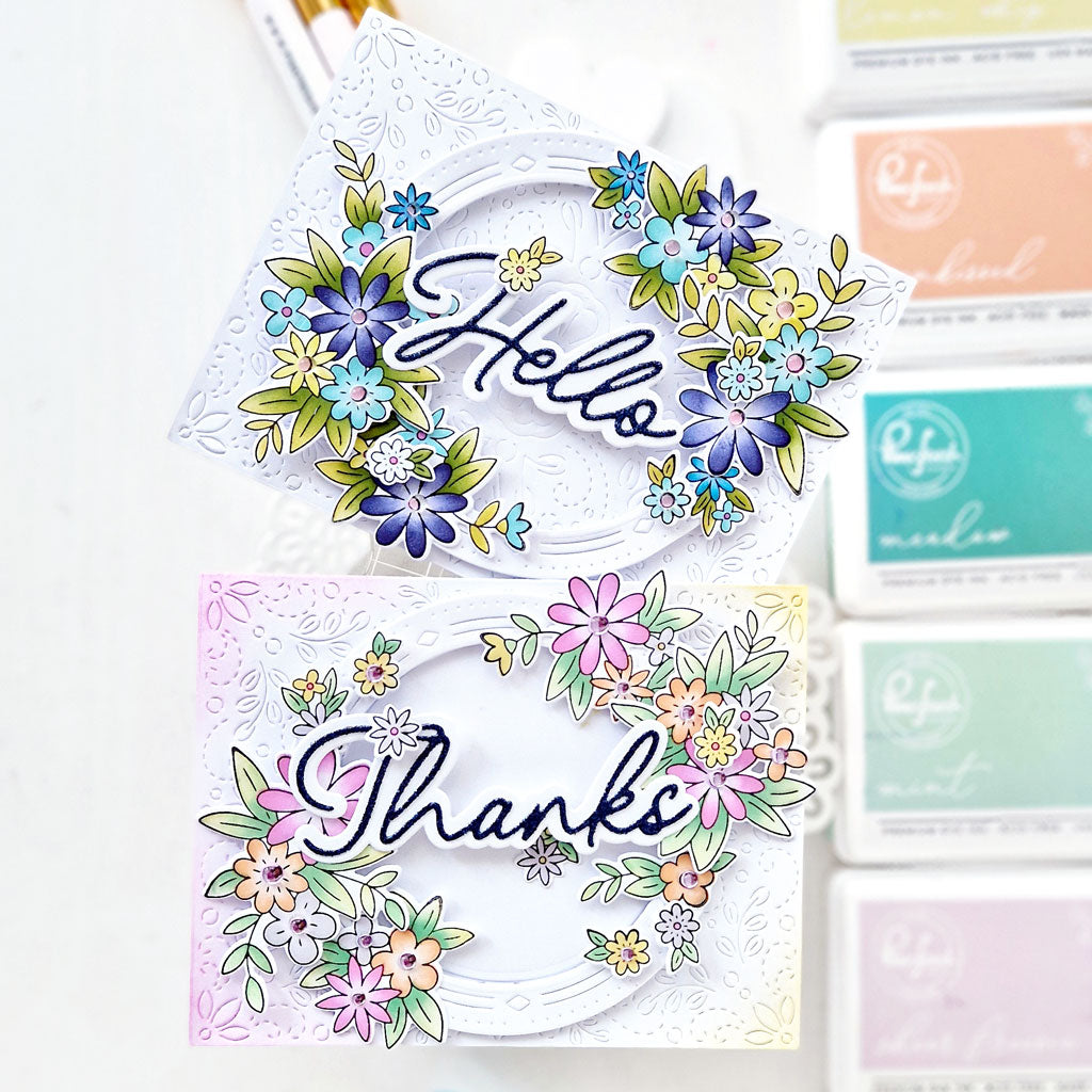 Pinkfresh Studio Cheerful Blossoms Stamp, Die, Stencil & Press Plate