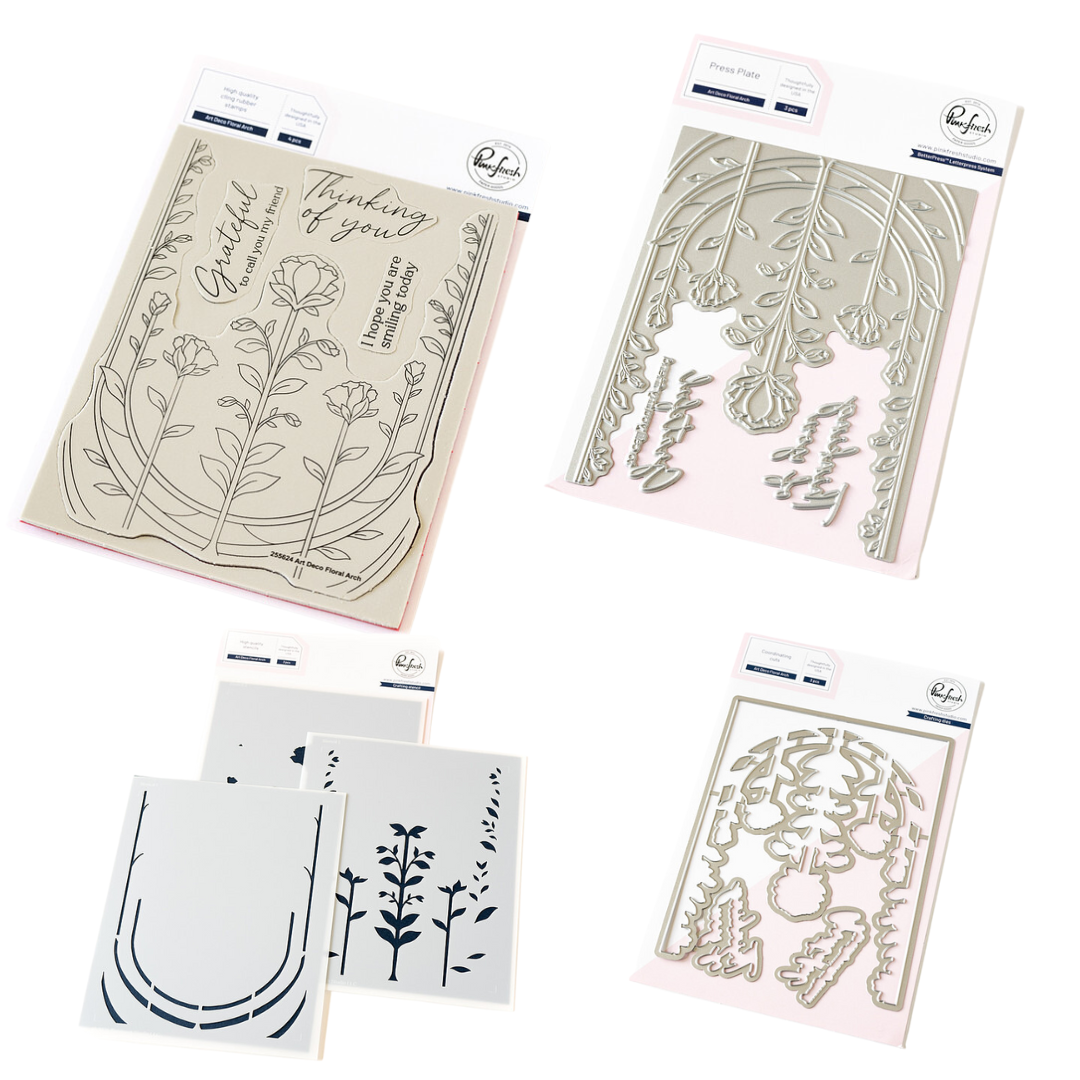 Pinkfresh Studio Art Deco Floral Arch Stamp, Die, Stencil & Press Plate Bundle