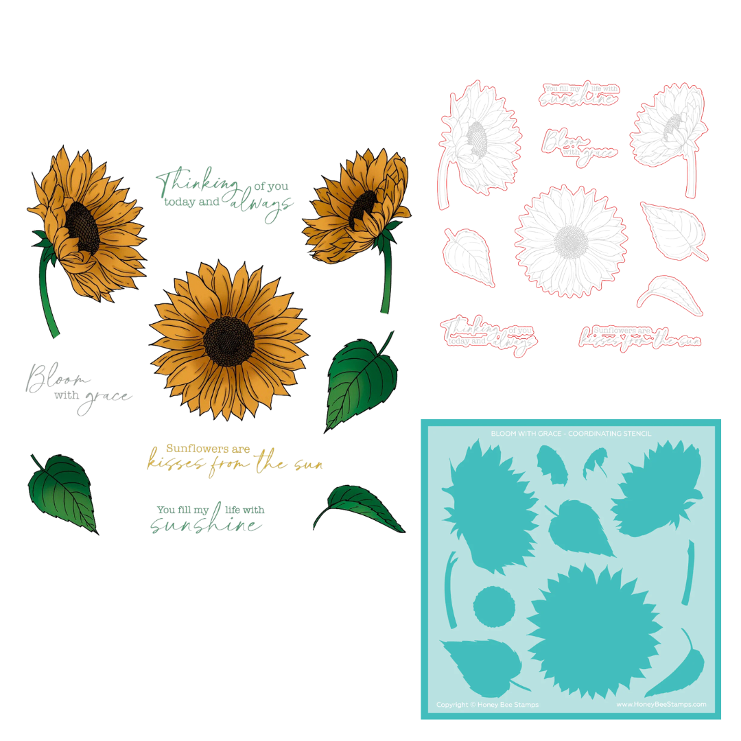 Honey Bee Bloom with Grace - 6 x 8 Stamp Set, Coordinating Stencil & Honey Cuts