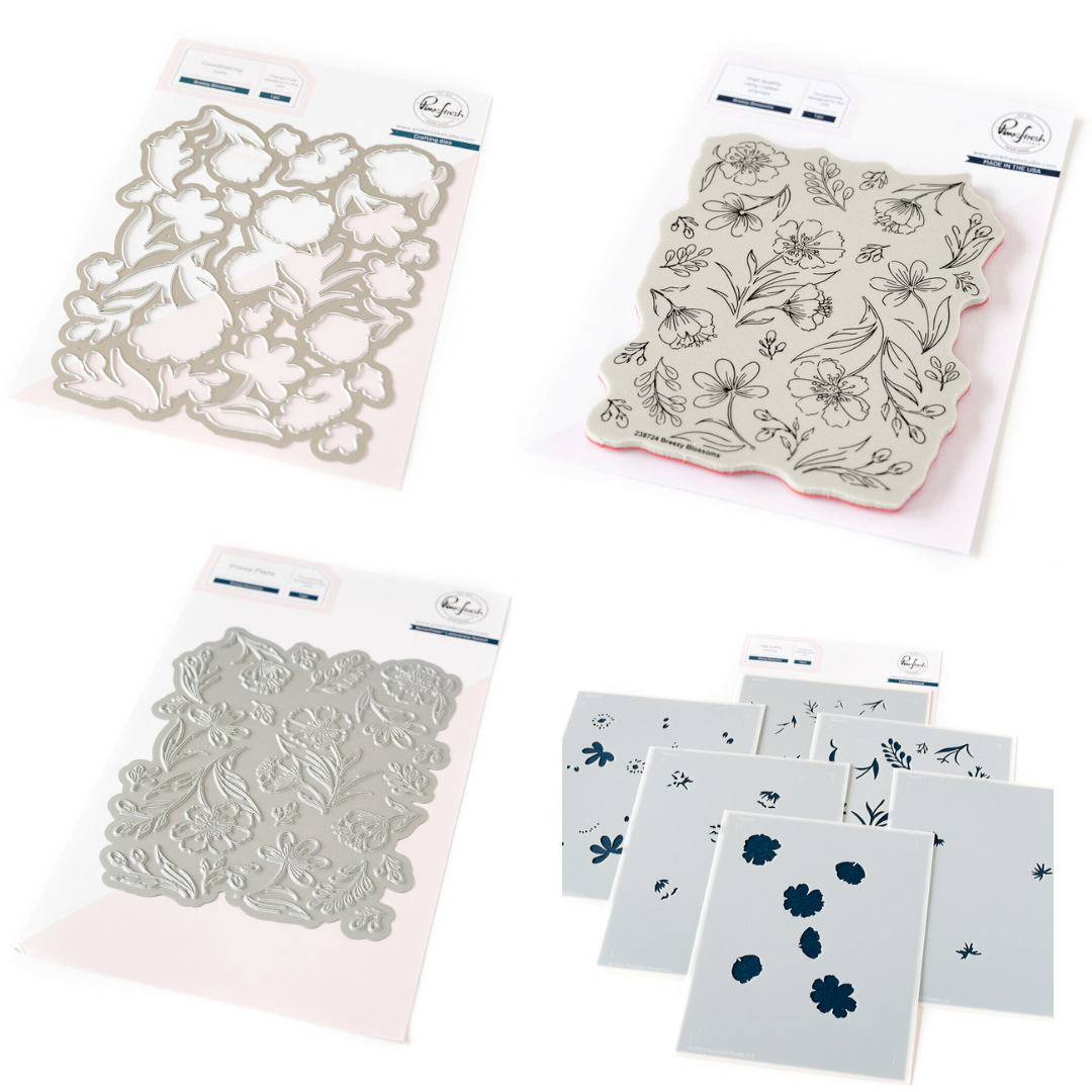Pinkfresh Studio Breezy Blossoms Stamp, Die, Stencil & Press Plate Bundle