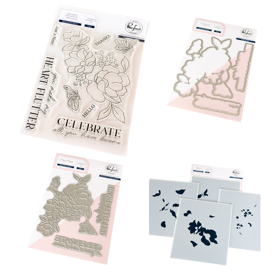 Pinkfresh Studio Butterflies in Bloom Stamp, Die, Stencil & Press Plate Bundle