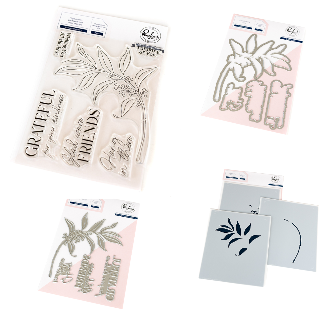 Pinkfresh Studio Grateful Greenery Stamp, Die, Stencil & Press Plate Bundle