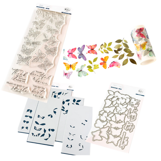Pinkfresh Studio Fluttering Butterflies Stamp, Die, Stencil & Washi Bundle