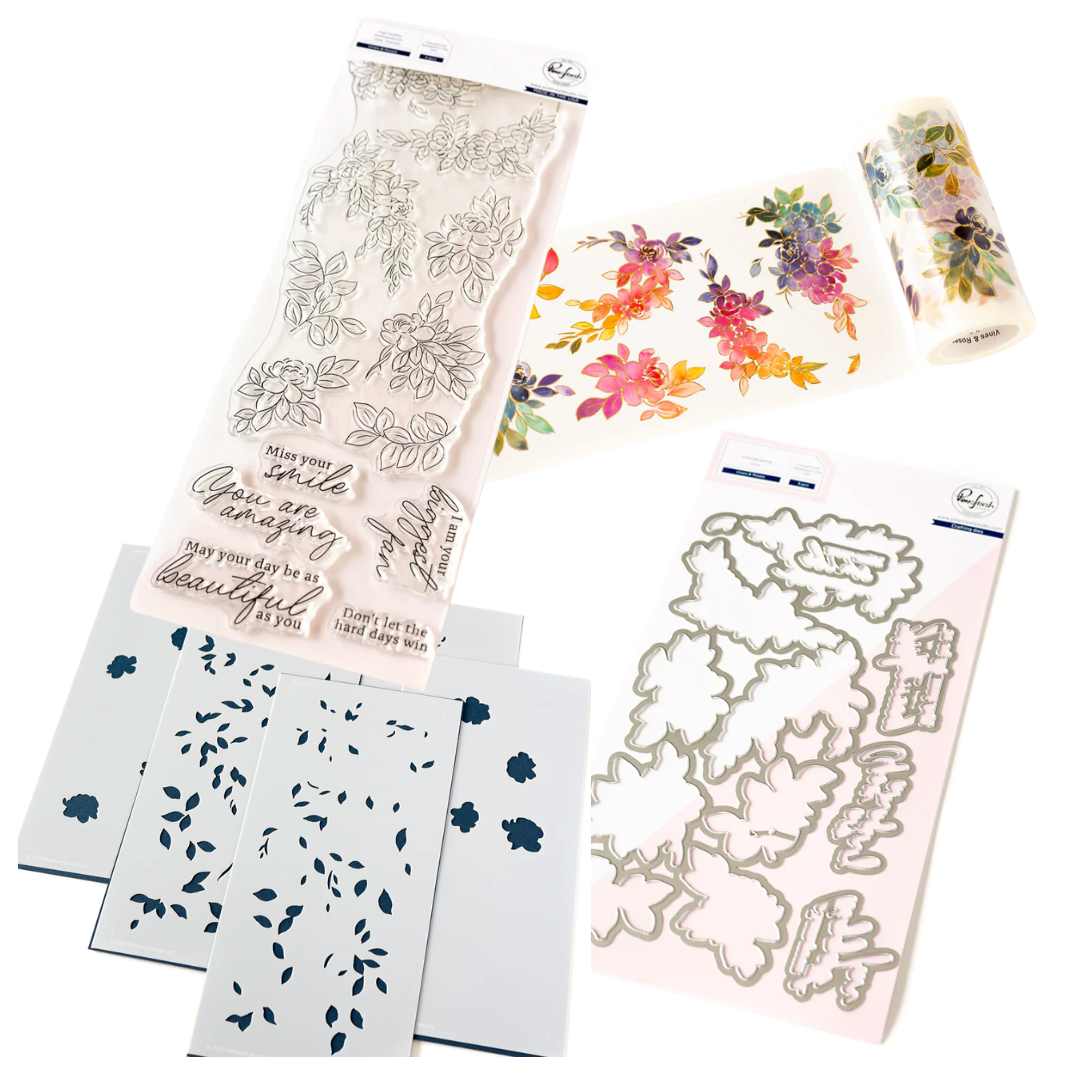 Pinkfresh Studio Vines & Roses Stamp, Die, Stencil and Washi Bundle