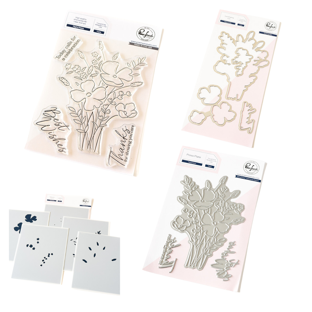 Pinkfresh Studio Playful Petals Stamp, Die, Stencil & Press Plate Bundle