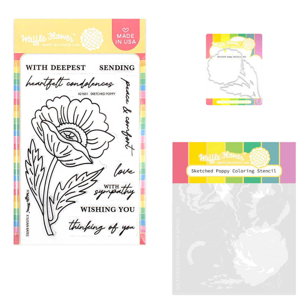 Waffle Flower Sketched Poppy Stamp, Die & Stencil Bundle
